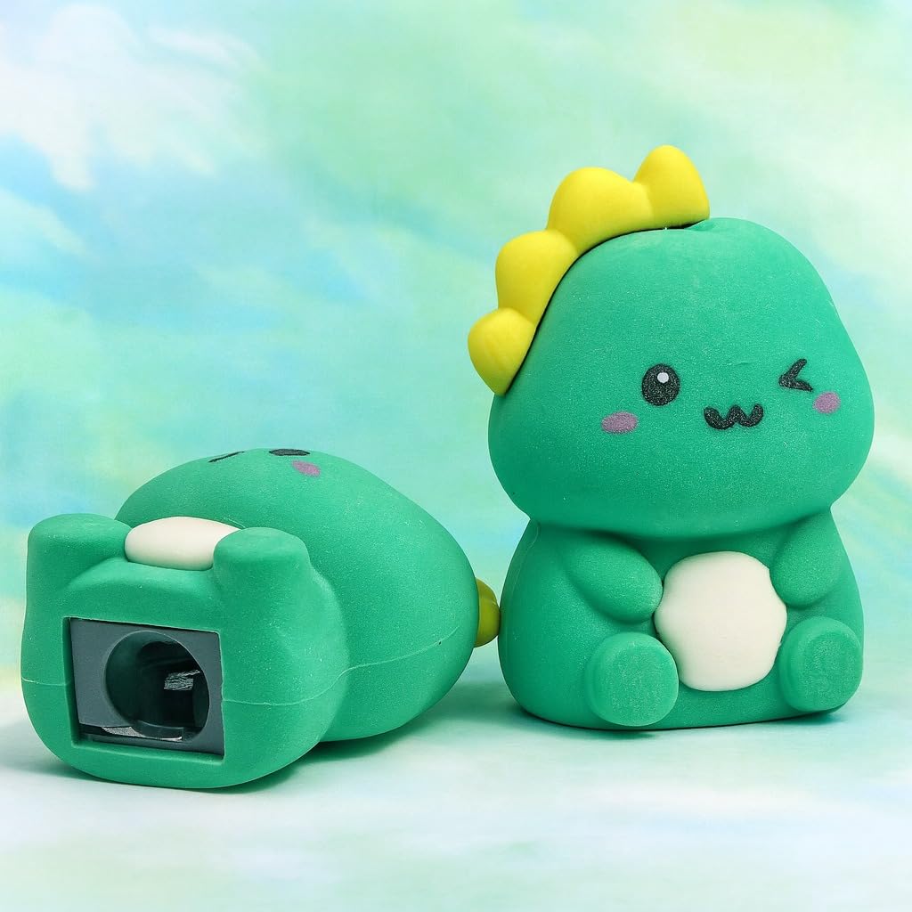 Dinosaur 2 - in - 1 Sharpener and EraserStationery > Erasers & SharpenersCRAFTY CUDDLEGreen dinosaur - shaped Eraser sharpener with a cute face on a light green background2in1stationerycollectiblestationery