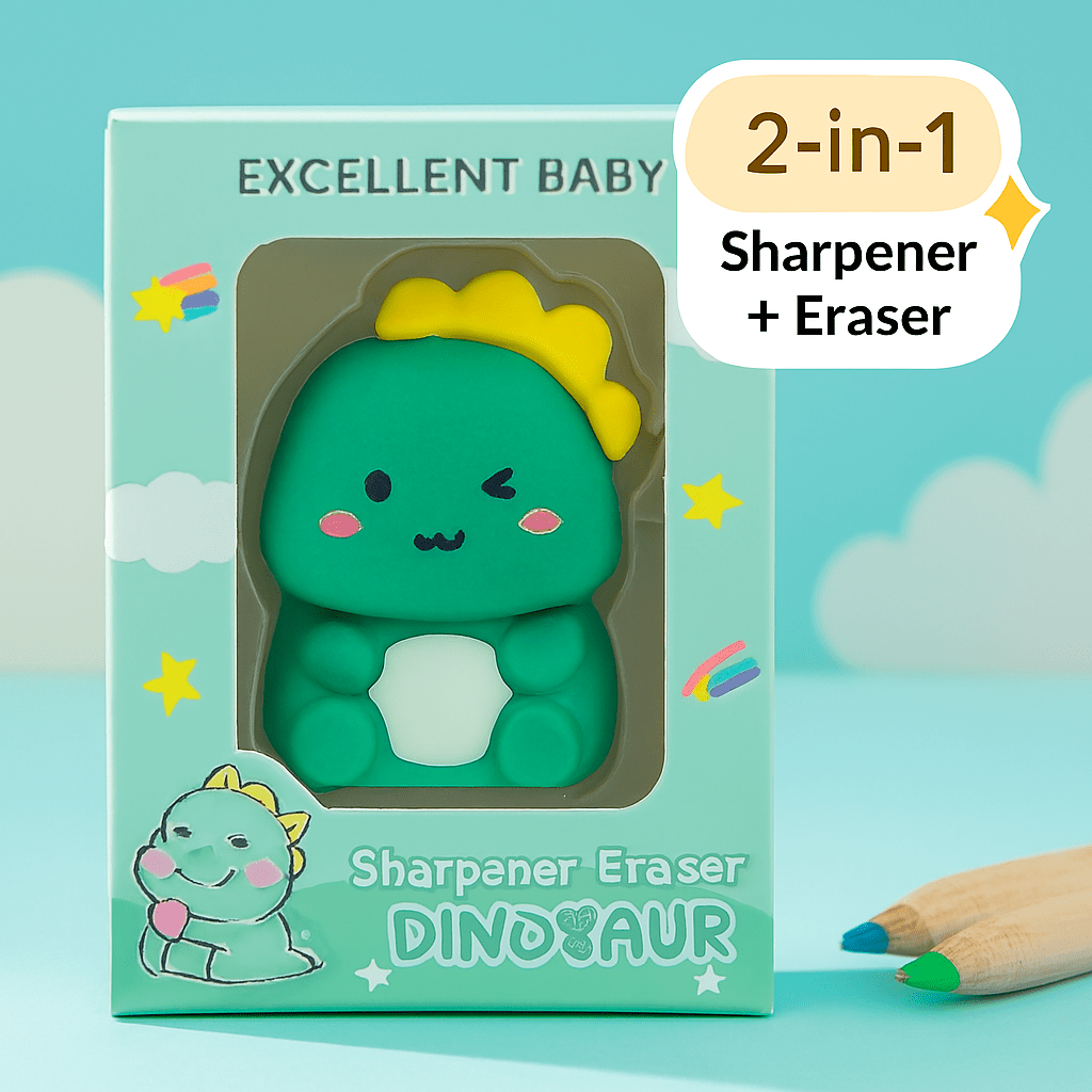 Dinosaur 2 - in - 1 Sharpener and EraserStationery > Erasers &amp; SharpenersCRAFTY CUDDLESharpener and eraser with dinosaur design in packaging on a blue background2in1stationerycollectiblestationery
