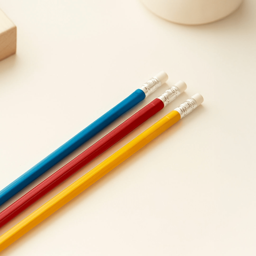 Three colored pencils (blue, red, yellow) on a light surface.