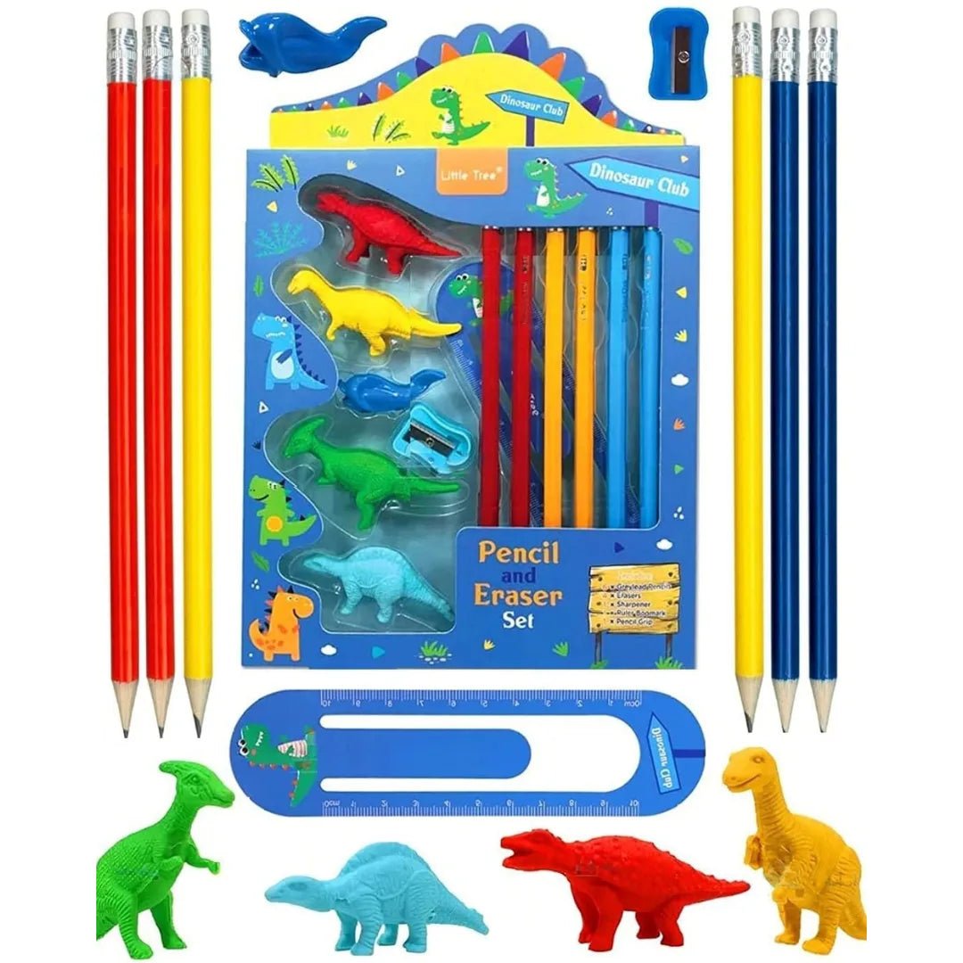 Dinosaur-themed pencil and eraser set with pencils, erasers, and a ruler on a white background.