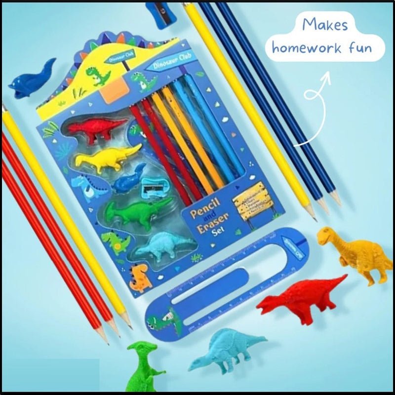 Pencil and eraser set with dinosaur designs on a blue background