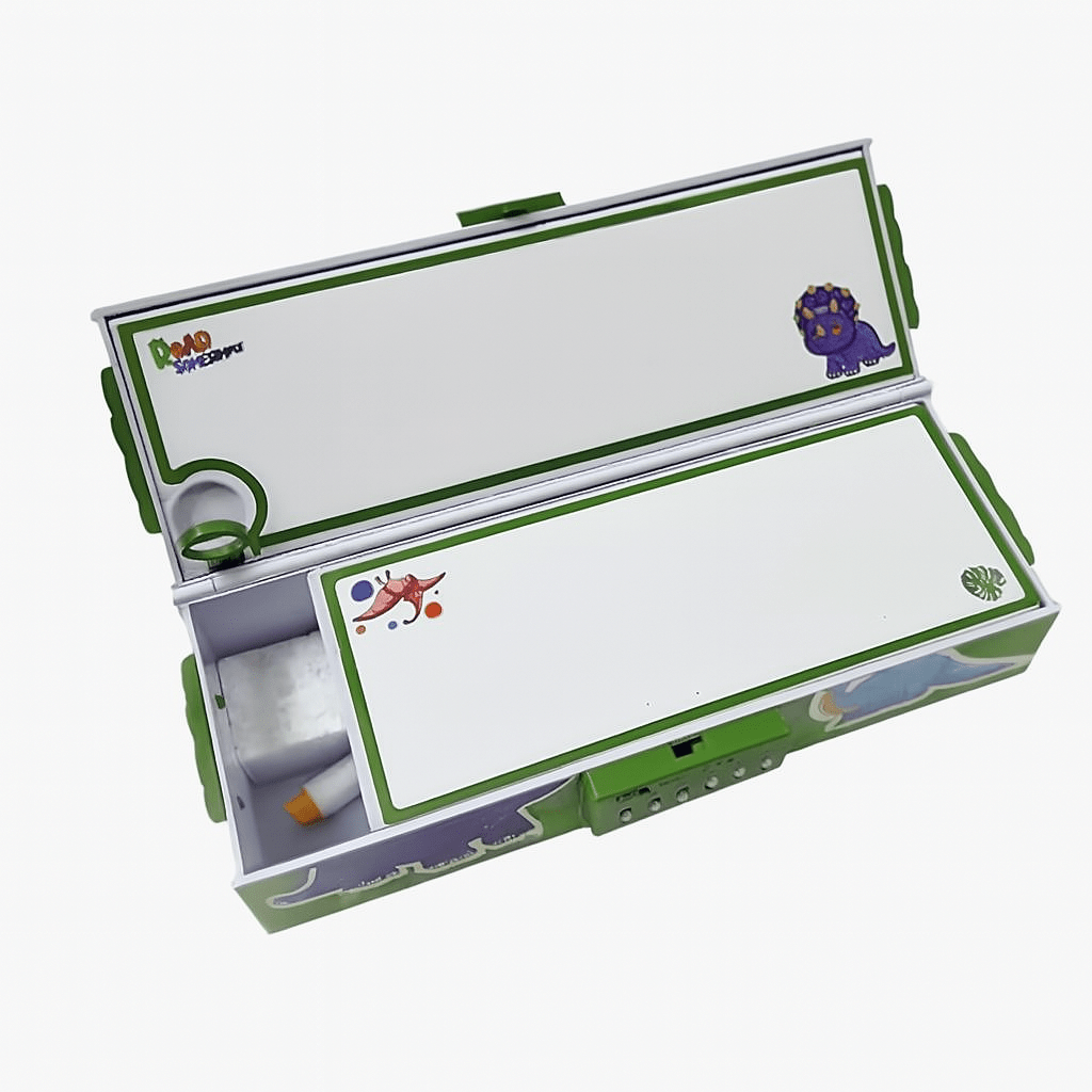 Dinosaur Passcode Pencil BoxDino theme pencil boxCRAFTY CUDDLEChildren's pencil box with dry erase board and markers in a green case on a white backgroundBackToSchoolEssentialsCuteDinosaurs