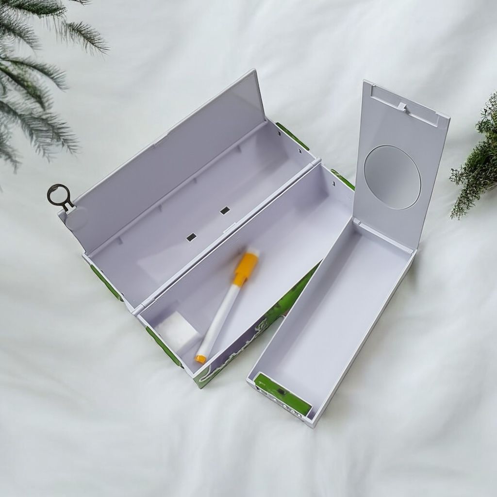 Dinosaur Passcode Pencil BoxDino theme pencil boxCRAFTY CUDDLEOpen white box with a small marker inside on a light gray backgroundBackToSchoolEssentialsCuteDinosaurs