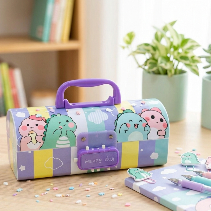 Dinosaur Passcode Pencil BoxDino theme pencil boxCRAFTY CUDDLEColorful stationery case with cartoon designs on a desk with books and plants in the backgroundBackToSchoolEssentialsCuteDinosaurs