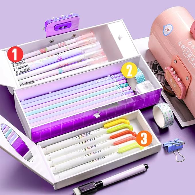 Dinosaur Passcode Pencil BoxDino theme pencil boxCRAFTY CUDDLEStationery set with pens, markers, and other office supplies on a purple backgroundBackToSchoolEssentialsCuteDinosaurs