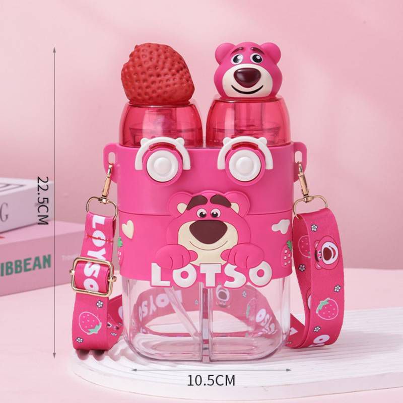 DISNEY Dual Drink Glass Water Bottle with PartitionCartoon Kids Water BottleCrafty CuddlePink bear-themed water bottle set with strap on a pink backgroundPinkDualCompartmentBottle 780mlBottle KidsHydration WaterBottleForKids GlassSipperBottle PortableBottle SchoolBottle CuteGiftIdeas BirthdayGiftForKids DailyHydrationStationeryAddict