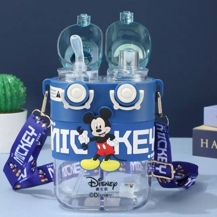 DISNEY Dual Drink Glass Water Bottle with PartitionCartoon Kids Water BottleCrafty CuddleClear bottles with Mickey Mouse design and Disney branding on a blue backgroundBlueDualCompartmentBottle 780mlBottle KidsHydration WaterBottleForKids GlassSipperBottle PortableBottle SchoolBottle CuteGiftIdeas BirthdayGiftForKids DailyHydrationStationeryAddict