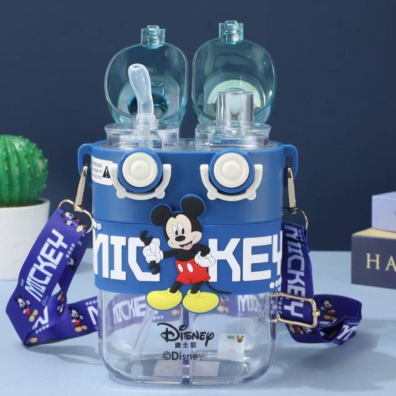 DISNEY Dual Drink Glass Water Bottle with PartitionCartoon Kids Water BottleCrafty CuddleClear bottles with Mickey Mouse design and Disney branding on a blue backgroundBlueDualCompartmentBottle 780mlBottle KidsHydration WaterBottleForKids GlassSipperBottle PortableBottle SchoolBottle CuteGiftIdeas BirthdayGiftForKids DailyHydrationStationeryAddict
