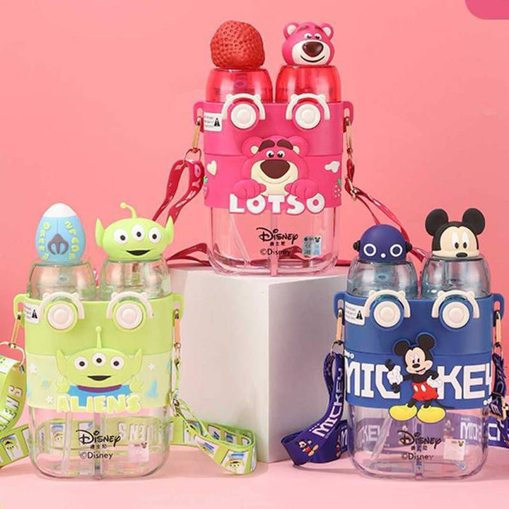 DISNEY Dual Drink Glass Water Bottle with PartitionCartoon Kids Water BottleCrafty CuddleSet of Disney-themed water bottles with character designs on a pink backgroundBlackDualCompartmentBottle 780mlBottle KidsHydration WaterBottleForKids GlassSipperBottle PortableBottle SchoolBottle CuteGiftIdeas BirthdayGiftForKids DailyHydrationStationeryAddict