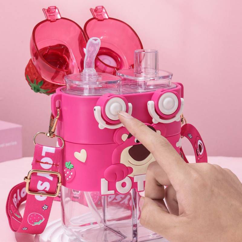 DISNEY Dual Drink Glass Water Bottle with PartitionCartoon Kids Water BottleCrafty CuddlePink children's water bottle with cartoon design and straw, on a pink background.PinkDualCompartmentBottle 780mlBottle KidsHydration WaterBottleForKids GlassSipperBottle PortableBottle SchoolBottle CuteGiftIdeas BirthdayGiftForKids DailyHydrationStationeryAddict