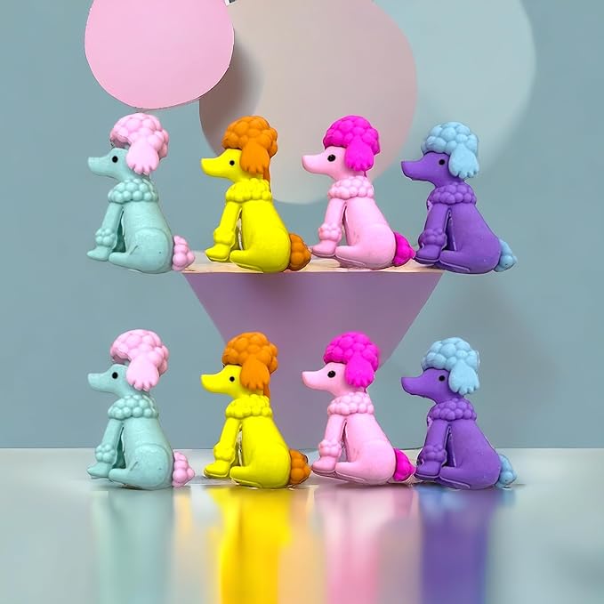 Dog ErasersErasersCRAFTY CUDDLEColorful poodle figurines erasers on a reflective surface with a gray background1animalerasersbacktoschoolsupplies