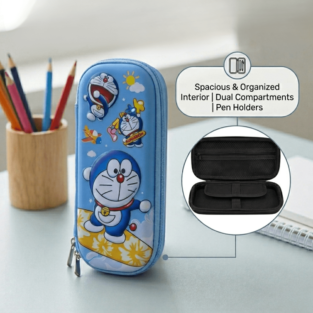 Doraemon EVA Pencil Pouch for KidsPencil PouchCrafty CuddleBlue pencil case with cartoon character, next to a cup of colored pencils on a light surface.CartoonPencilBox KidsStationery CuteStationery PencilCase SchoolSupplies StationeryLover EVAPencilBox BackToSchool KawaiiStationery PencilPouch