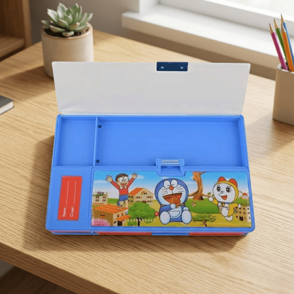 Doraemon Theme Multi - Compartment Pencil BoxPencil BoxCrafty CuddleColorful pencil case with cartoon characters on a wooden deskDoraemonStationery KidsPencilBox CartoonPencilCase SchoolSuppliesIndia StationeryLovers KidsSchoolEssentials PencilBoxOrganizer CuteStationery BackToSchoolIndia ReturnGiftIdeas