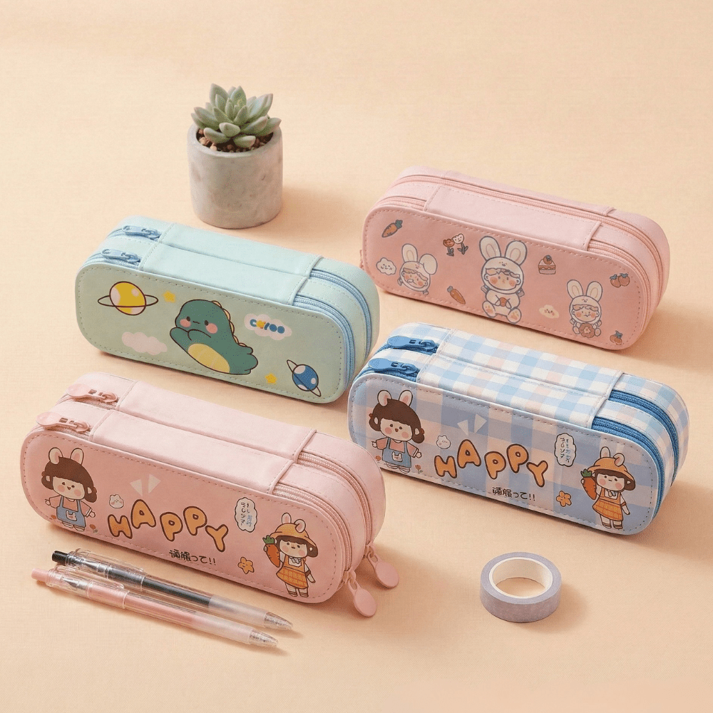 Double Layer Cartoon Pencil PouchPencil PouchCrafty CuddleFour colorful pencil cases with cartoon designs on a beige backgroundPinkpencilpouch cutestationery kidsstationery cartoonpencilcase doublelayerpencilcase schoolstationery stationeryforkids cuteaccessories backtoschool kawaiistationery