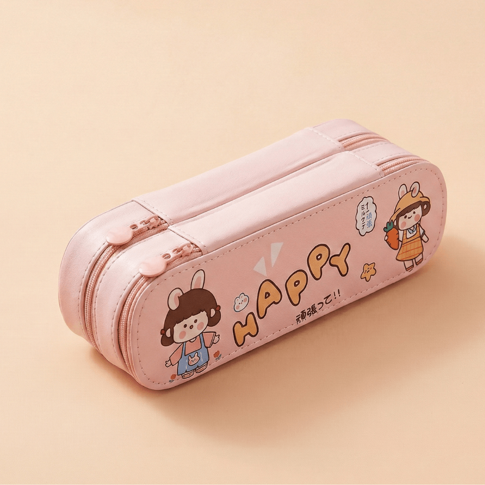 Double Layer Cartoon Pencil PouchPencil PouchCrafty CuddlePink pencil case with cartoon characters and 'HAPPY' text on a beige backgroundPinkpencilpouch cutestationery kidsstationery cartoonpencilcase doublelayerpencilcase schoolstationery stationeryforkids cuteaccessories backtoschool kawaiistationery