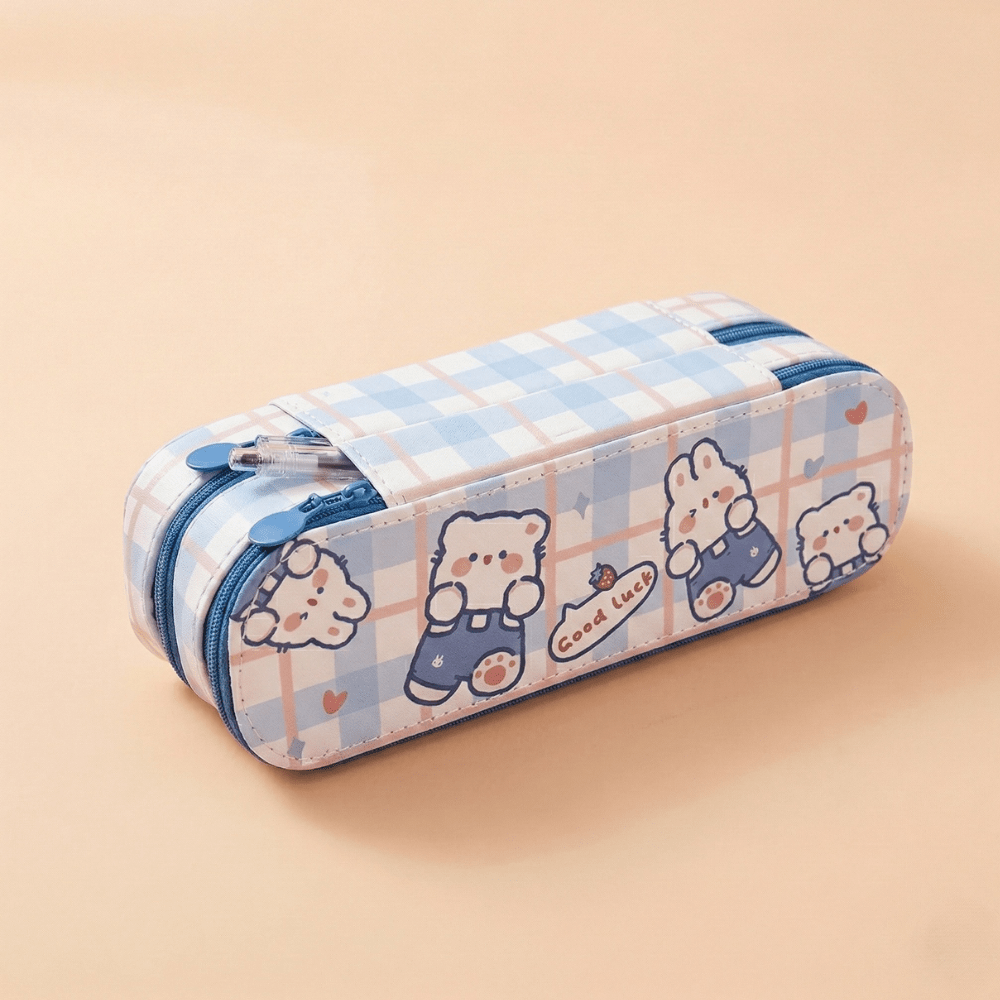 Double Layer Cartoon Pencil PouchPencil PouchCrafty CuddlePencil case with bear design on a beige backgroundBluepencilpouch cutestationery kidsstationery cartoonpencilcase doublelayerpencilcase schoolstationery stationeryforkids cuteaccessories backtoschool kawaiistationery