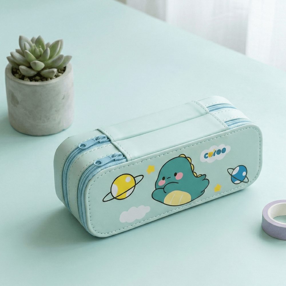 Double Layer Cartoon Pencil PouchPencil PouchCrafty CuddleLight green pencil case with cartoon design on a light green surfaceGreenpencilpouch cutestationery kidsstationery cartoonpencilcase doublelayerpencilcase schoolstationery stationeryforkids cuteaccessories backtoschool kawaiistationery