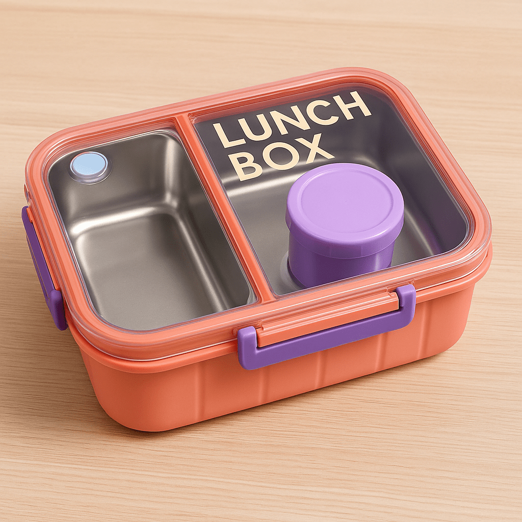 Pink dual compartment bento lunch box with transparent lid, secure purple handle, and inner stainless steel container – ideal for kids and office meals