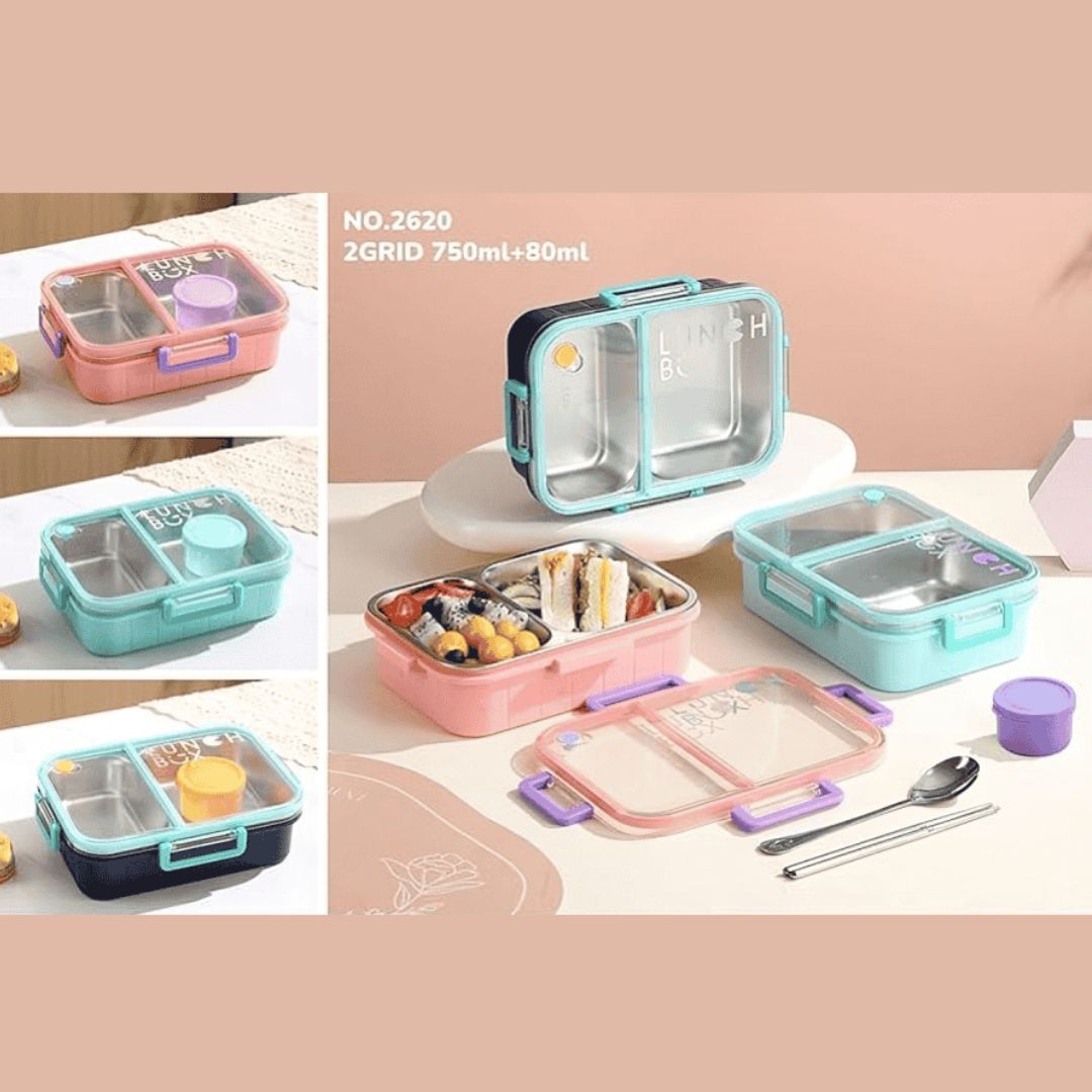 Two-compartment bento lunch box with a secure lid, ergonomic handle, and vibrant colors. Ideal for meal prep, school, office, or travel. Keywords: lunch box, bento box, meal prep container, food storage.