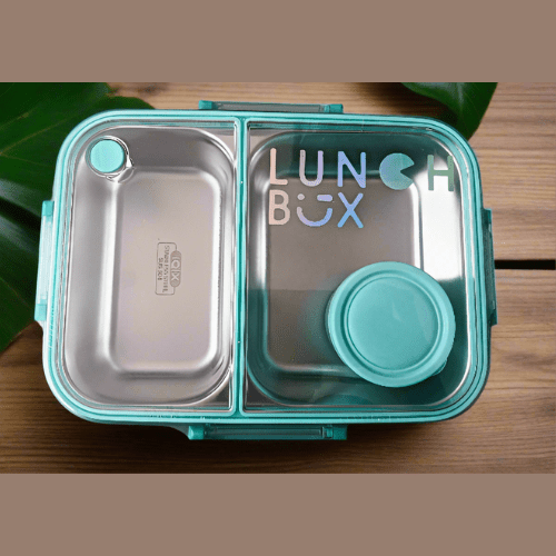 Mint green dual compartment bento lunch box with transparent lid, sturdy handle, and inner stainless steel container – perfect for kids and adults