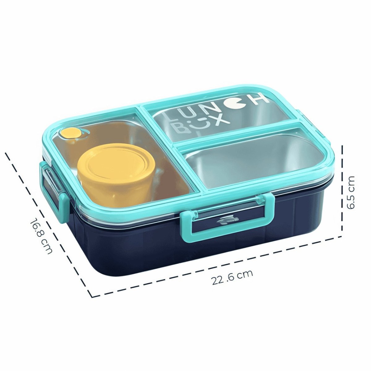 Blue bento lunch box with light green transparent lid, dual compartments, inner stainless steel container, and dimensions 22.6×16.8×6.5 cm – ideal for school and office use