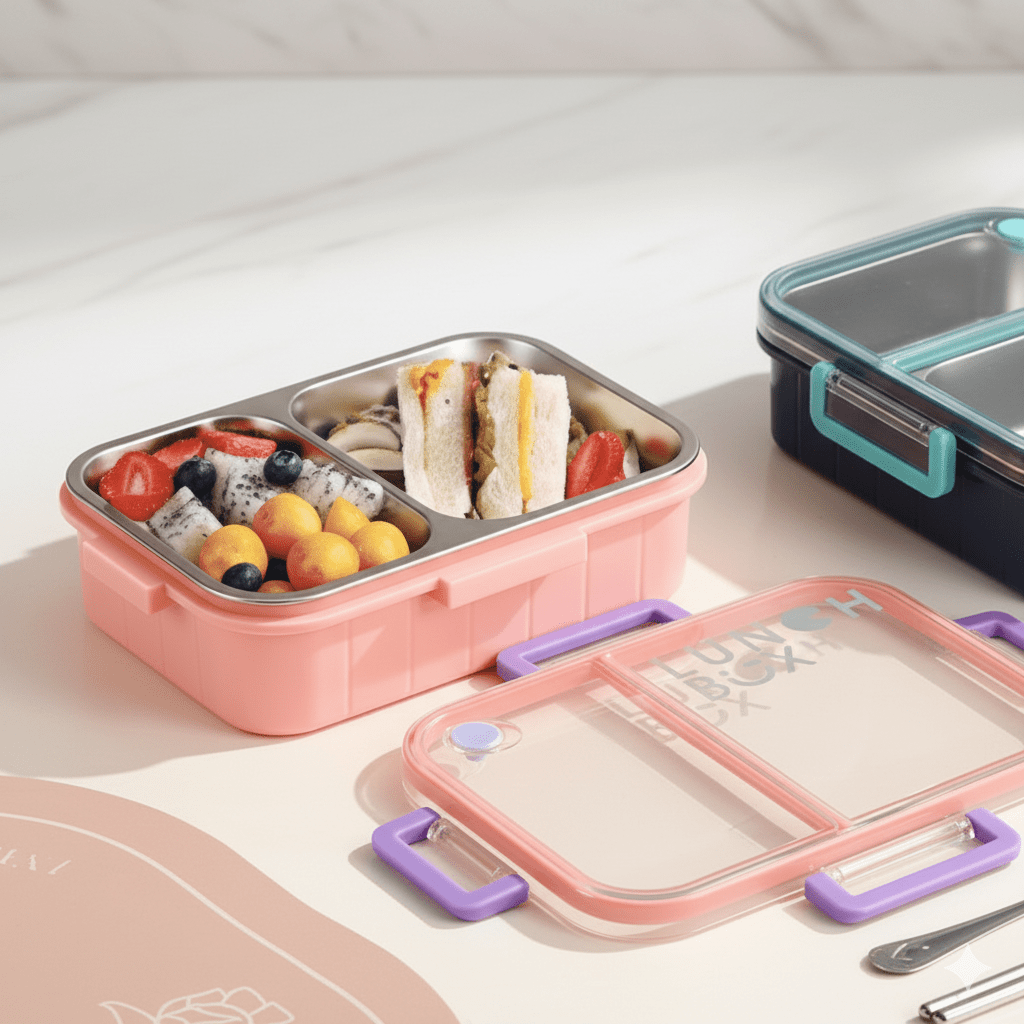 Dual Compartment Stainless Steel Lunch BoxStainless Steel Lunch BoxCRAFTY CUDDLEPink bento box with compartments filled with food on a white surfaceMint BlueBackToSchoolBentoBox