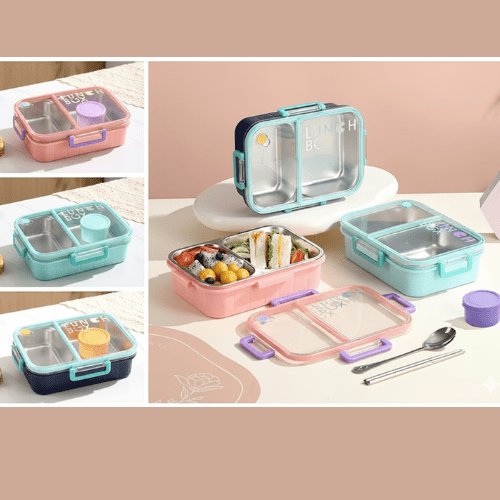 Dual Compartment Stainless Steel Lunch BoxStainless Steel Lunch BoxCrafty CuddleCollage of lunch boxes in various colors with compartments and accessories on a table.BlueBackToSchoolBentoBox