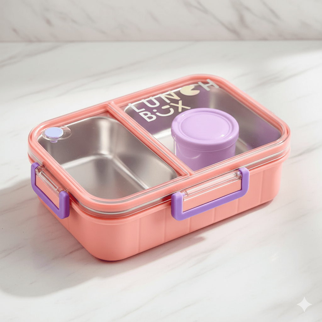 Dual Compartment Stainless Steel Lunch BoxStainless Steel Lunch BoxCRAFTY CUDDLEPink lunch box with compartments and a purple lid on a light wooden surfaceSoft PinkBackToSchoolBentoBox