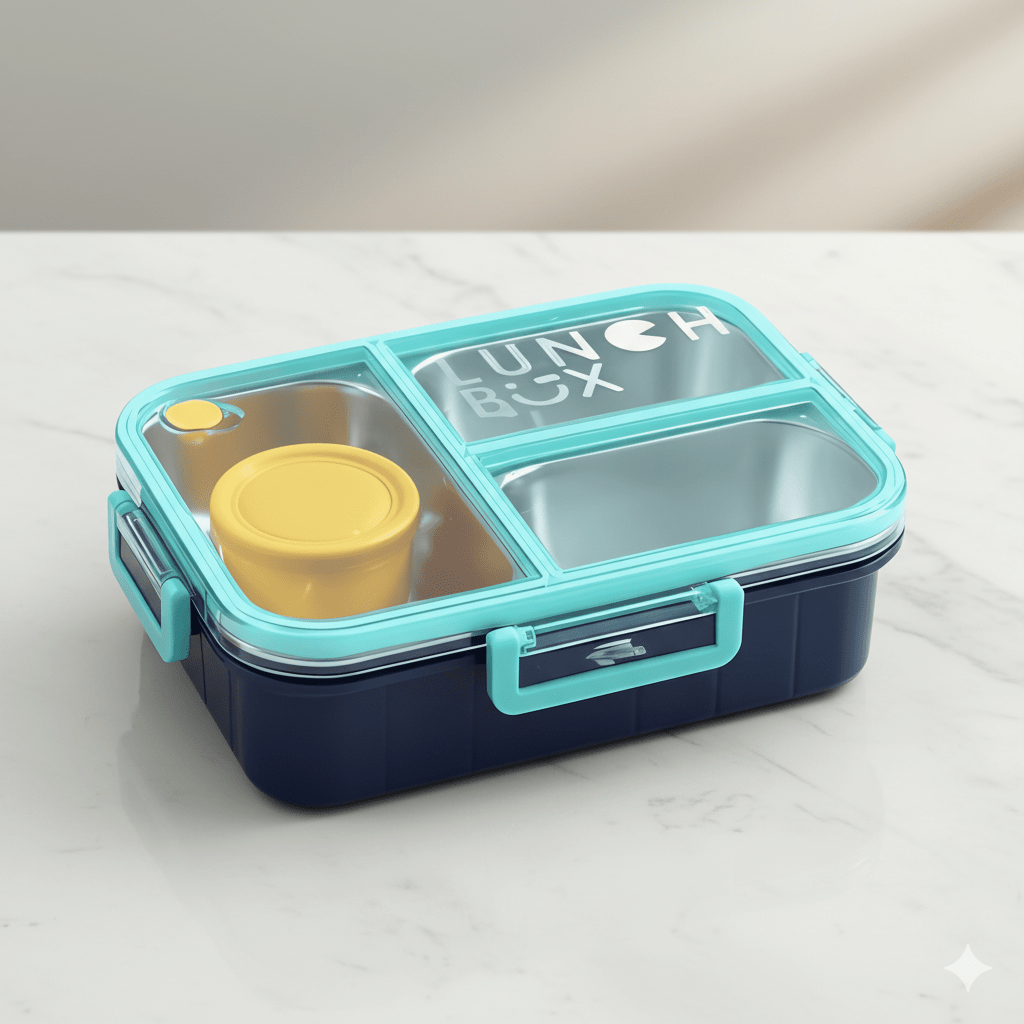Dual Compartment Stainless Steel Lunch BoxStainless Steel Lunch BoxCRAFTY CUDDLEBlue and turquoise lunch box with compartments on a light surfaceBlueBackToSchoolBentoBox