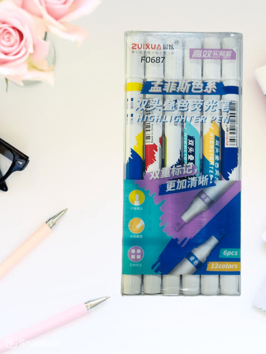 Pack of 6 dual-tip highlighter pens, 12 vibrant neon colors, smear-resistant gel ink, chisel and fine tips.