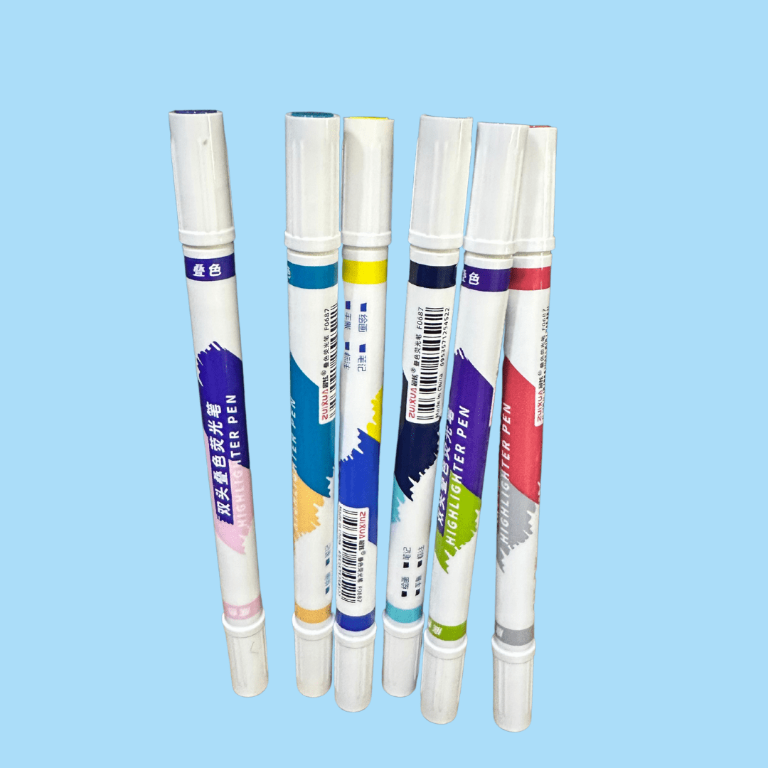 Pack of colorful dual-tip highlighters with chisel and fine tips, ideal for notes, planners