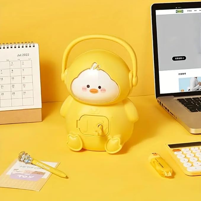 Yellow duck-themed piggy bank designed with a secure locking feature for safe savings.