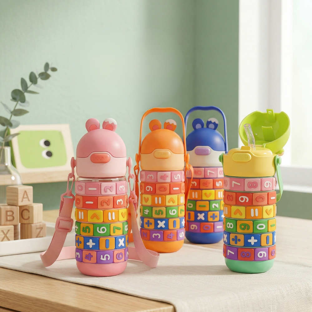 Educational Water Bottle with Rotating Number RingsCartoon Kids Water BottleCrafty CuddleSet of colorful children&