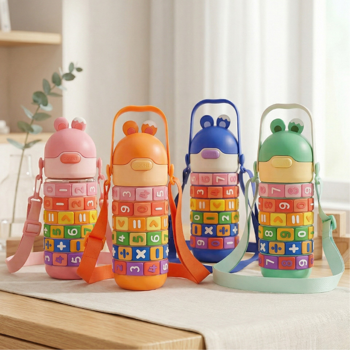 Educational Water Bottle with Rotating Number RingsCartoon Kids Water BottleCrafty CuddleFour colorful children&