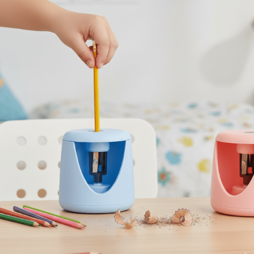 Electric Pencil SharpenerStationery > Erasers & SharpenersCRAFTY CUDDLEChild's hand using a blue pencil sharpener with a yellow pencil, surrounded by colored pencils on a wooden surface.BlueElectricSharpener StationeryEssentials SchoolSupplies StudyDesk OfficeSupplies BackToSchool SmartStationery DeskSetup StudentEssentials StationeryAddict
