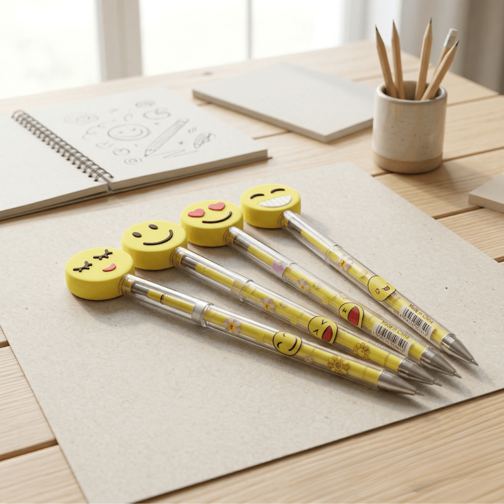 Emoji Fun Refillable PencilsCrafty CuddleFour pens with emoji - style barrel designs on a wooden desk.1