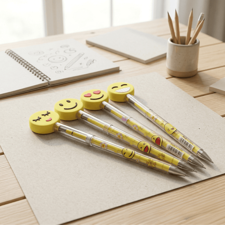 Emoji Fun Refillable PencilsCrafty CuddleFour pens with emoji - style barrel designs on a wooden desk.1