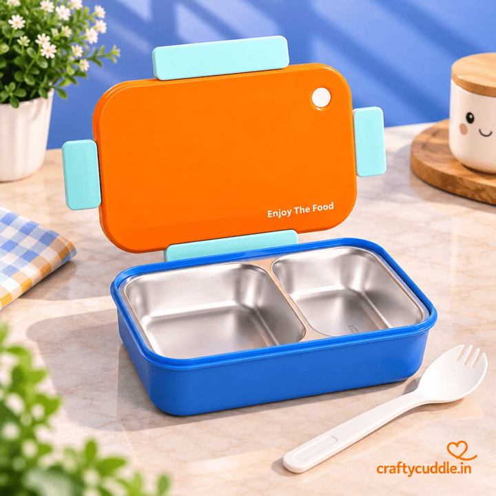 Enjoy The Food – Kids Bento Lunch BoxStainless Steel Lunch BoxCrafty CuddleEnjoy The Food – Kids Bento Lunch BoxOrange &amp; Blue