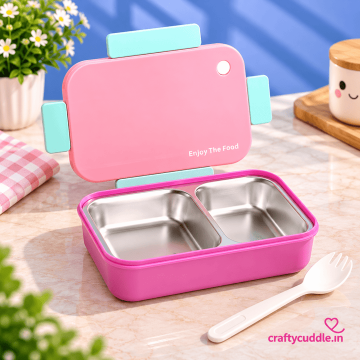 Enjoy The Food – Kids Bento Lunch BoxStainless Steel Lunch BoxCrafty CuddleEnjoy The Food – Kids Bento Lunch BoxPink &amp; Purple