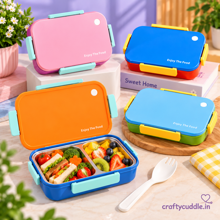 Enjoy The Food – Kids Bento Lunch BoxStainless Steel Lunch BoxCrafty CuddleEnjoy The Food – Kids Bento Lunch BoxPink &amp; Purple
