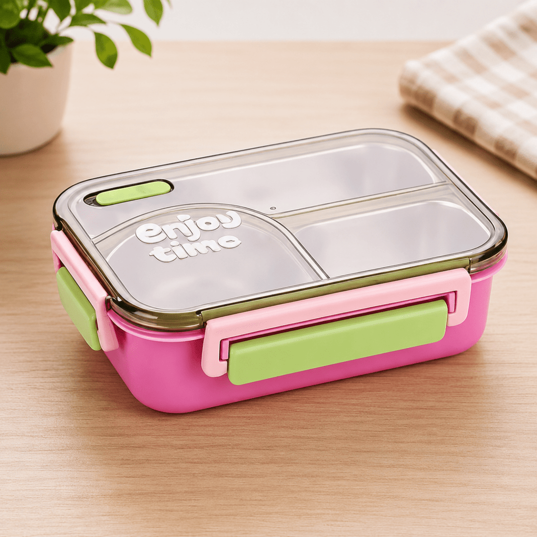 Enjoy Time Stainless Steel 3 Compartments Lunch BoxStainless Steel Lunch BoxCrafty CuddleEnjoy Time Stainless Steel 3 Compartments Lunch BoxPinkLunchBox BentoLunchBox StainlessSteelLunchBox KidsLunchBox LunchBoxForKids OfficeLunchBox LeakproofLunchBox HealthyLunch BackToSchool MealPrepStationeryAddict