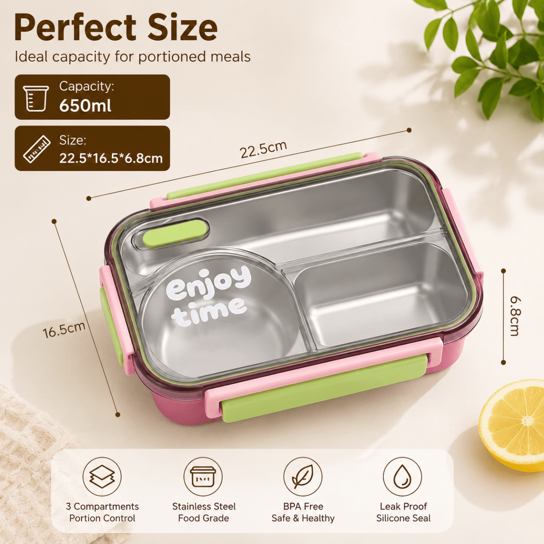 Enjoy Time Stainless Steel 3 Compartments Lunch BoxStainless Steel Lunch BoxCrafty CuddleEnjoy Time Stainless Steel 3 Compartments Lunch BoxPurpleLunchBox BentoLunchBox StainlessSteelLunchBox KidsLunchBox LunchBoxForKids OfficeLunchBox LeakproofLunchBox HealthyLunch BackToSchool MealPrepStationeryAddict