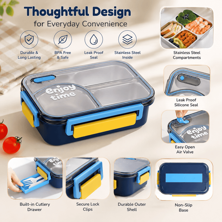 Enjoy Time Stainless Steel 3 Compartments Lunch BoxStainless Steel Lunch BoxCrafty CuddleEnjoy Time Stainless Steel 3 Compartments Lunch BoxPurpleLunchBox BentoLunchBox StainlessSteelLunchBox KidsLunchBox LunchBoxForKids OfficeLunchBox LeakproofLunchBox HealthyLunch BackToSchool MealPrepStationeryAddict