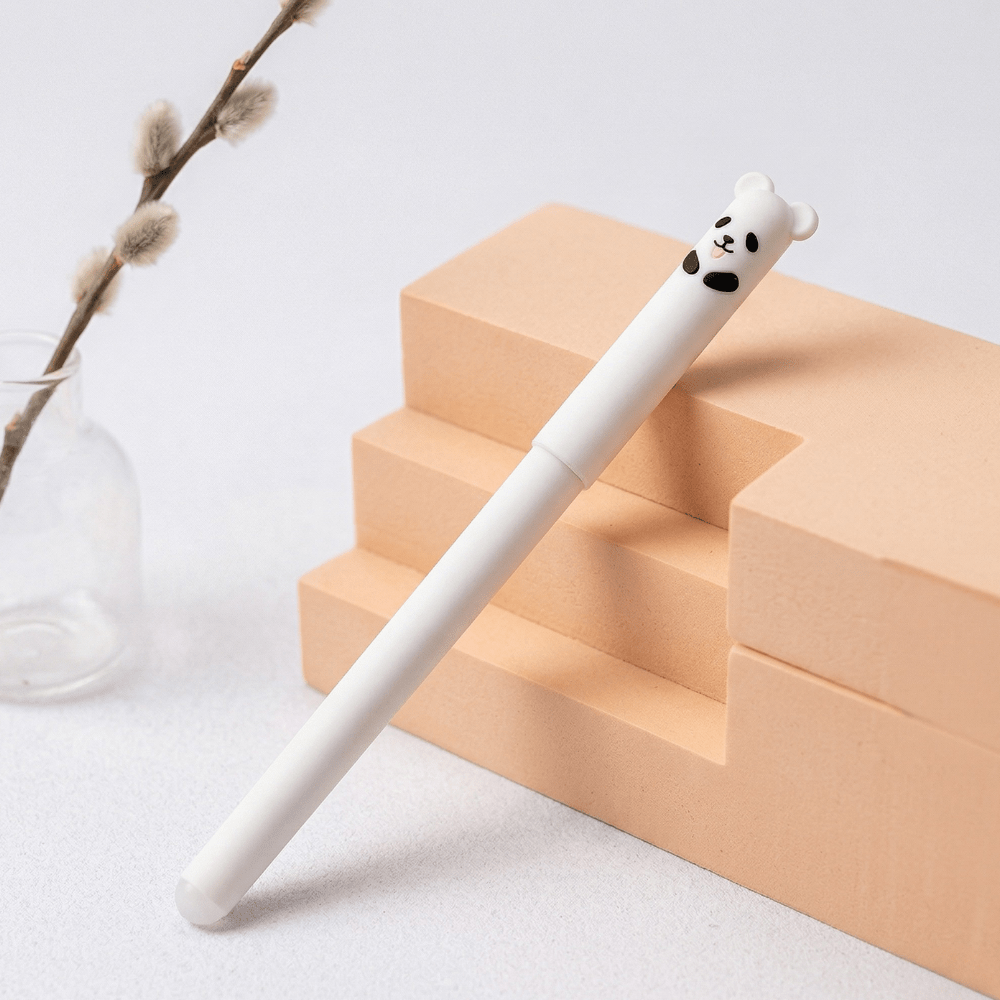 Erasable Gel Pens – 4 Cute Animal DesignsErasable Gel PensCrafty CuddleWhite pen with a panda design on top, placed on a light surface with a beige box in the background.Panda🐼1animalpenserasablepens