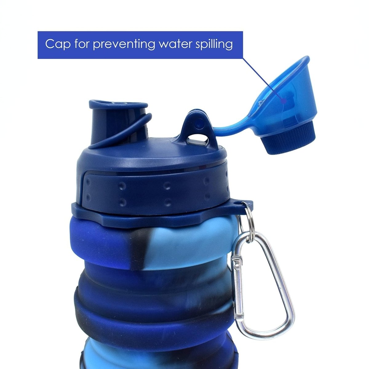 Close-up of bottle cap that stops water from spilling – same color and design as the collapsible silicone bottle, perfect for safe and mess-free use