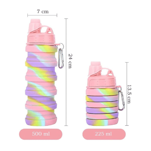 WonderSip Expandable Silicone Bottle in rainbow pastel colors, shown in fully expanded and collapsed states with dimensions 7 cm x 13.5 cm – portable, collapsible, BPA-free travel water bottle with carabiner clip.