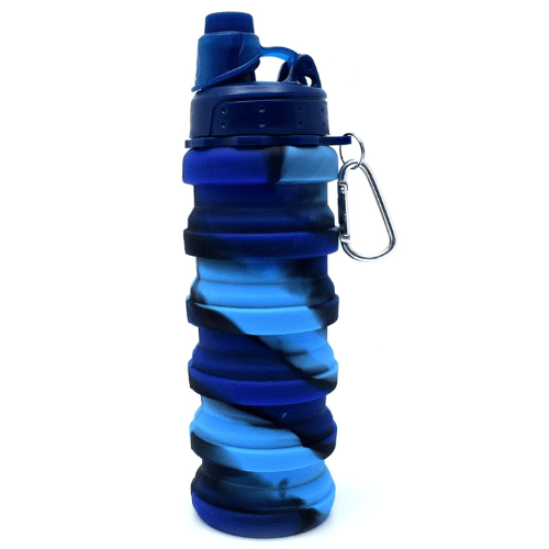 Foldable water bottles in blue shades, easy to carry, leak-proof, and ideal for travel or outdoor use