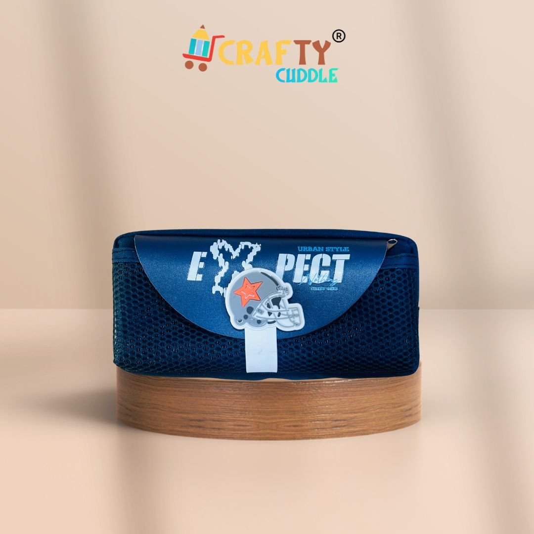 Dark Blue mesh pencil pouch for kids with ‘EXPECT’ print and football keychain | Stylish school stationery organizer by Crafty Cuddle