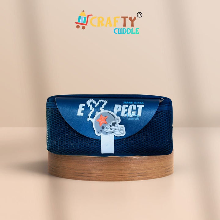 Dark Blue mesh pencil pouch for kids with ‘EXPECT’ print and football keychain | Stylish school stationery organizer by Crafty Cuddle