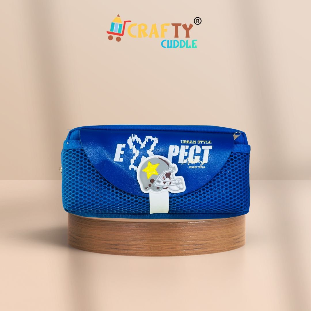 Blue mesh pencil pouch for kids with ‘EXPECT’ print and football keychain | Stylish school stationery organizer by Crafty Cuddle